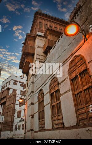 Antica architettura islamica della città di Balad a Jeddah, Araiba Saudita Foto Stock