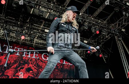 Copenaghen, Danimarca. 22nd, giugno 2018. La band svedese Death Metal Di The Gates si esibisce in un concerto dal vivo al festival danese Heavy Metal di Copenaghen del 2018. Qui il cantante Tomas Lindberg è visto dal vivo sul palco. (Photo Credit: Gonzales Photo - Nikolaj Bransholm). Foto Stock