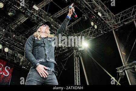 Copenaghen, Danimarca. 22nd, giugno 2018. La band svedese Death Metal Di The Gates si esibisce in un concerto dal vivo al festival danese Heavy Metal di Copenaghen del 2018. Qui il cantante Tomas Lindberg è visto dal vivo sul palco. (Photo Credit: Gonzales Photo - Nikolaj Bransholm). Foto Stock