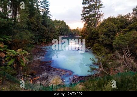 Colorato lago di eco minerale termale scoperto fuori pista battuto vicino Wai o Tapu, Rotorua, Nuova Zelanda Foto Stock