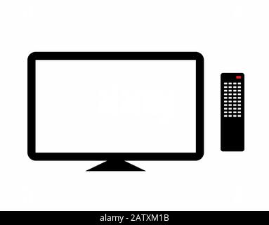Un design piatto di un televisore e un telecomando. Un televisore con linea vettoriale per applicazioni, logo, cartelli o siti Web in bianco e nero Illustrazione Vettoriale