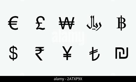 Divisa, insieme di icone. Illustrazione vettoriale, design piatto. Illustrazione Vettoriale