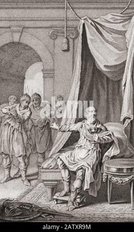 Annibale si suicida. Hannibal Barca, 247 - circa 183 a.C. Le vere circostanze della morte di Annibale non sono note. Il suicidio per veleno è una teoria. Si pensa che durante il suo soggiorno a Bitinia stava per essere consegnato ai Romani ma preferiva prendere veleno. Foto Stock