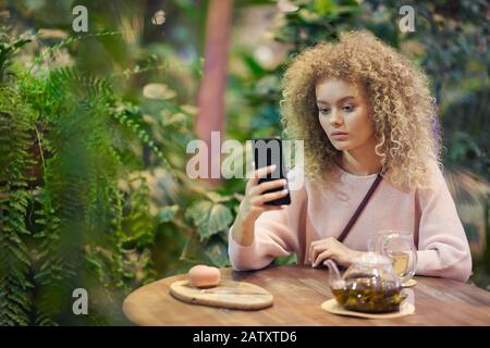 Ritratto di giovane bella donna con capelli ricci utilizzando il suo telefono mentre beve il tè in caffè verde Foto Stock