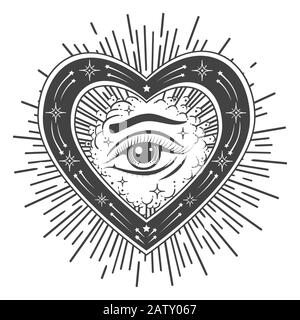 Occhio di tatuaggio Providence. Simbolo massonico. Tutti vedono l'occhio all'interno della forma del cuore. Simbolo della geometria sacra, della religione, della spiritualità, dell'occultismo. Vettore i Illustrazione Vettoriale