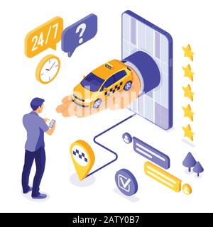 Taxi Online concetto isometrica Illustrazione Vettoriale