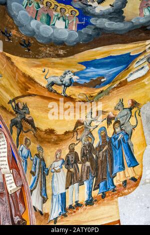 Affresco raffigurante l'inferno presso la Chiesa di San Gioacchino di Osogovo presso il Monastero Ortodosso macedone di Kriva Palanka, Macedonia del Nord Foto Stock