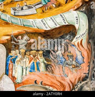 Affresco raffigurante l'inferno presso la Chiesa di San Gioacchino di Osogovo presso il Monastero Ortodosso macedone di Kriva Palanka, Macedonia del Nord Foto Stock