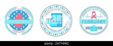 Concetto Americano Di Mese Di Cuore. Set di loghi per l'assistenza sanitaria. Malattie cardiache con sacco medico e EKG. Segno medico di ipotensione e ipertensione. Foto Stock