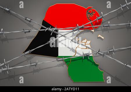 Mappa del Kuwait con filo spinato, rendering 3D su sfondo grigio Foto Stock