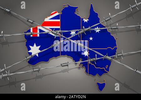 Mappa dell'Australia con filo spinato, rendering 3D su sfondo grigio Foto Stock