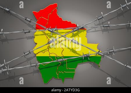 Mappa di Bolivia con filo spinato, rendering 3D su sfondo grigio Foto Stock