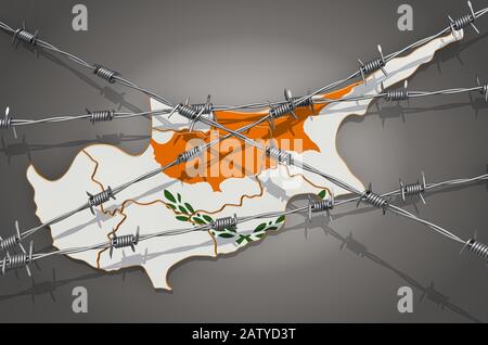 Mappa di Cipro con filo spinato, 3D rendering su sfondo grigio Foto Stock