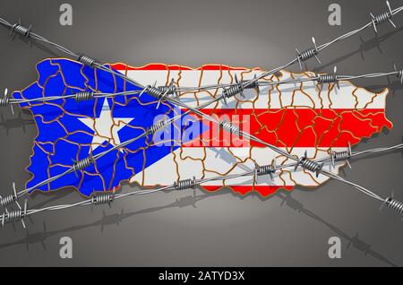 Mappa di Porto Rico con filo spinato, rendering 3D su sfondo grigio Foto Stock