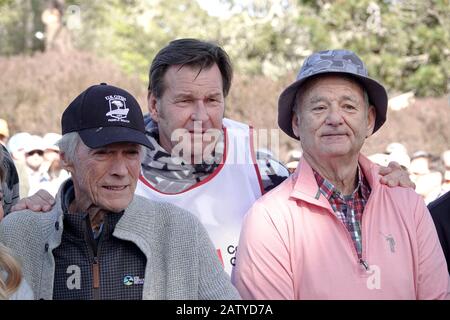 Spiaggia di ciottoli, Stati Uniti. 05th Feb, 2020. Monterey, California, Stati Uniti Febbraio 5th 2020 Clint Eastwood, Nick Faldo e Bill Murray, prima della 3M Celebrity Challenge per le loro varie beneficenza prima DELL'evento AT&T Pro-Am PGA Golf al Pebble Beach Credit: Motofoto/Alamy Live News Foto Stock