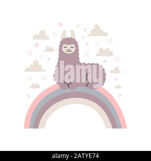 Cute cartone animato lama sull'arcobaleno con piccole nuvole Illustrazione Vettoriale