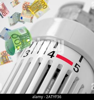 Termostato per riscaldatori e banconote in collage Foto Stock
