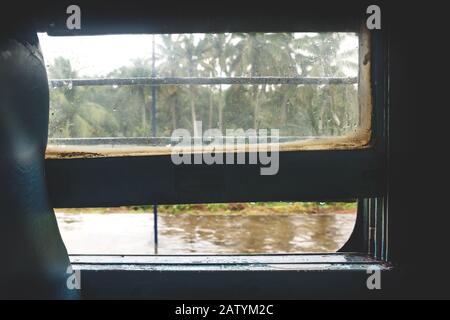 Foresta tropicale allagata vista da una finestra del treno indiano dopo tempesta taipfun e pioggia pesante, Kerala, India Foto Stock