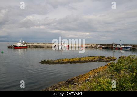 Panorama di un porto di pescatori irlandese con barche da pesca ormeggiate lungo il moderno molo di cemento a Port Oriel sulla costa orientale dell'Irlanda a Co Louth. Foto Stock