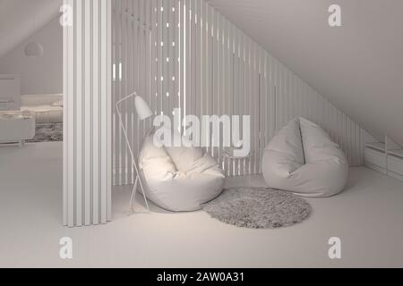 3d rendere il design interno del piano attico di un cottage privato Foto Stock