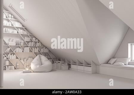 3d rendere il design interno del piano attico di un cottage privato Foto Stock
