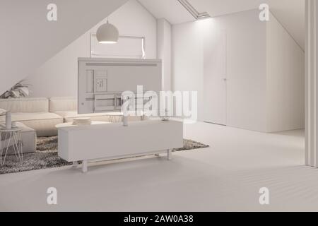 3d rendere il design interno del piano attico di un cottage privato Foto Stock