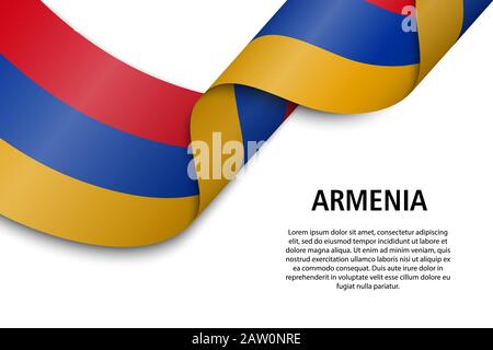 Sventolando in nastro o banner con bandiera di Armenia. Modello per il giorno di indipendenza il design di poster Illustrazione Vettoriale