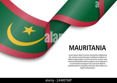 Sventolando in nastro o banner con bandiera della Mauritania. Modello per il giorno di indipendenza il design di poster Illustrazione Vettoriale