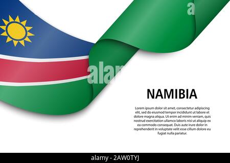 Sventolando in nastro o banner con bandiera della Namibia. Modello per il giorno di indipendenza il design di poster Illustrazione Vettoriale