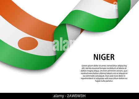 Sventolando in nastro o banner con bandiera del Niger. Modello per il giorno di indipendenza il design di poster Illustrazione Vettoriale
