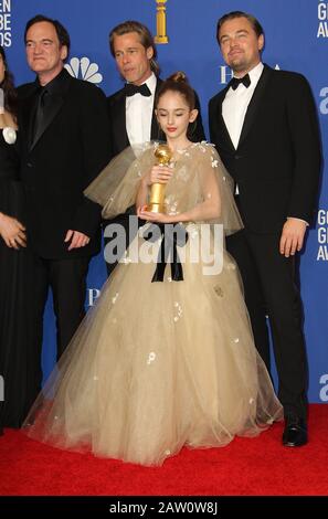 77th Annual Golden Globes 2019 - Sala stampa al Beverly Hilton di Beverly Hills, California. Con: Quentin Tarantino, Brad Pitt, Julia Butters, Leonardo Dicaprio Dove: Los Angeles, California, Stati Uniti Quando: 06 Jan 2020 Credit: Adriana M. Barraza/Wenn Foto Stock