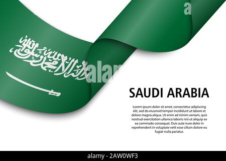 Sventolando in nastro o banner con bandiera di Arabia Saudita. Modello per il giorno di indipendenza il design di poster Illustrazione Vettoriale