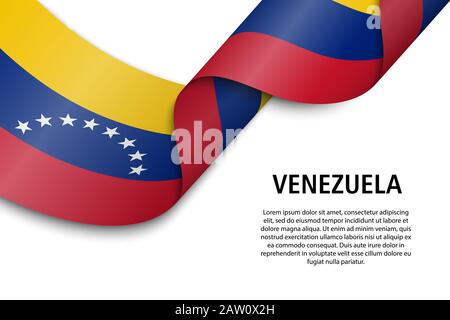 Sventolando in nastro o banner con bandiera del Venezuela. Modello per il giorno di indipendenza il design di poster Illustrazione Vettoriale