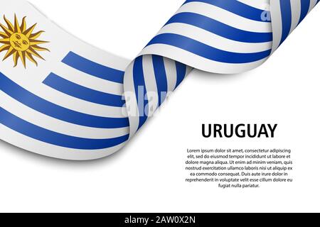 Sventolando in nastro o banner con bandiera di Uruguay. Modello per il giorno di indipendenza il design di poster Illustrazione Vettoriale