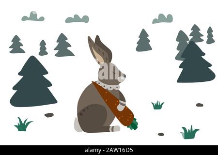 Lepre grigio con carota. Foresta con erba e albero, cielo con nuvole. Illustrazione del vettore. Illustrazione Vettoriale
