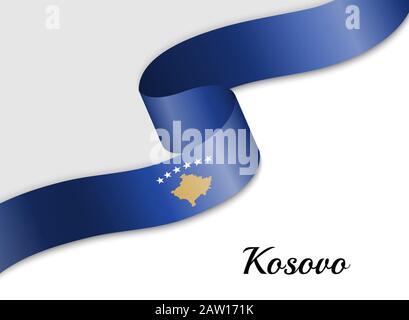 Sventolando la bandiera a nastro del Kosovo. Modello per banner del giorno di indipendenza Illustrazione Vettoriale