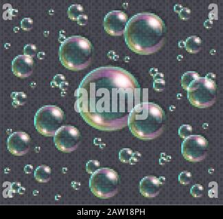 Bolle realistiche di sapone con riflessione arcobaleno isolato su sfondo trasparente. Illustrazione Vettoriale
