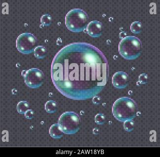 Bolle realistiche di sapone con riflessione arcobaleno isolato su sfondo trasparente. Illustrazione Vettoriale