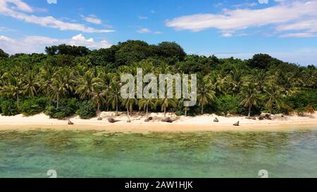Spiaggia di sabbia bianca selvaggia con palme da cocco. Isole Caramoan, Filippine. Bellissime isole, vista dall'alto. Concetto di vacanza estiva e di viaggio. Foto Stock
