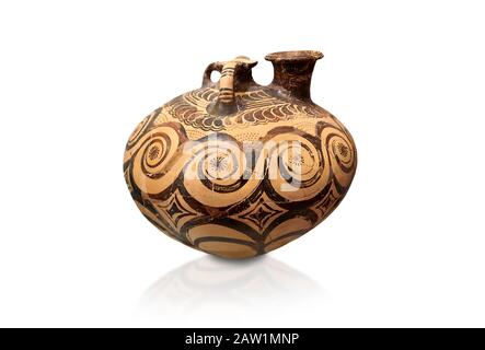 Vaso a staffa decorato in stile minoico con design swirl, Zakros Palace 1500-1400 a.C.; Museo Archeologico di Heraklion, sfondo bianco. Foto Stock