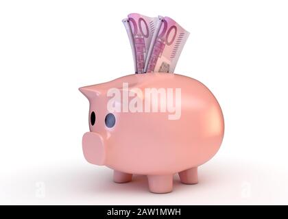 Una banca rosa piggy con una coppia arrotolata di banconote in euro inserite in esso su un isolato sfondo bianco studio - 3D render Foto Stock