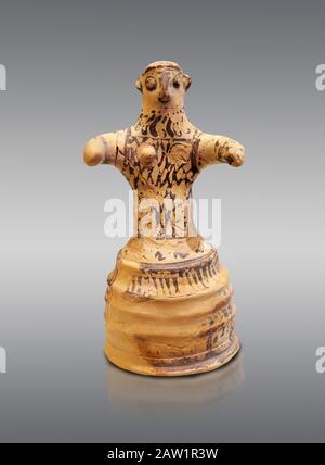 Caraffa minoica decoratedmale a forma di figura, Konssos 'Unesplorato Mansion' 1450-1370 AC; Museo Archeologico di Heraklion, sfondo grigio Foto Stock