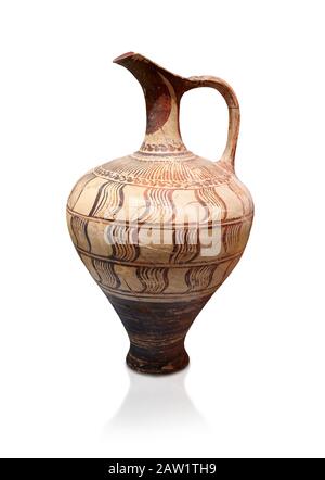 Caraffa Minoan decorata con disegno geometrico, Zafer Papoura 1400-1250 a.C.; Museo Archeologico di Heraklion, sfondo bianco Foto Stock