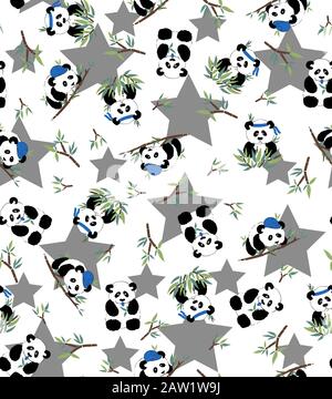 Panda con bamboo nelle loro mani sullo sfondo delle stelle. Per tessuto, sfondo, carta regalo Illustrazione Vettoriale