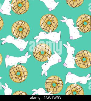 Ciambelle cremose e bunnies carini. Texture perfetta, tessuti, cartoline da parati Illustrazione Vettoriale