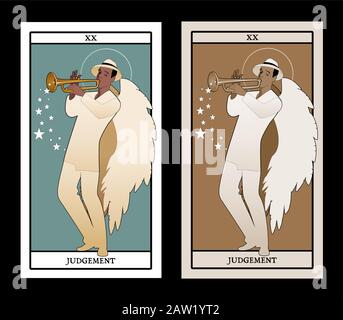 Arcani Maggiori carte dei Tarocchi. Sentenza. Arcangelo con grandi ali, indossare un cappello a suonare la tromba Illustrazione Vettoriale