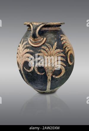 Vaso in argilla minoica con design floreale, Tradizione Sontuosa Speial , Palazzo Cnosso 1500-1450 a.C., Museo Archeologico di Heraklion, sfondo grigio. Foto Stock