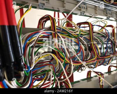 Cavi di rete multicolore collegati al server del data center. Foto Stock