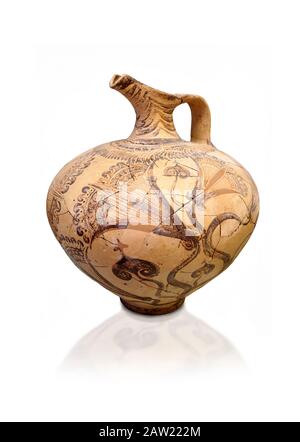 Caraffa minoica greca decorata con fogliame design, Cnosso-Venizeleio 1450-1450 a.C., Museo Archeologico di Heraklion, sfondo bianco Foto Stock