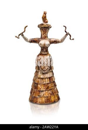 Statua di Minoan Snake Goddess braccia sollevate tenendo 2 serpenti dal Tempio di Cnosso-Repositories 1650-1550 a.C., Museo Archeologico di Heraklion. il numero di serie Foto Stock